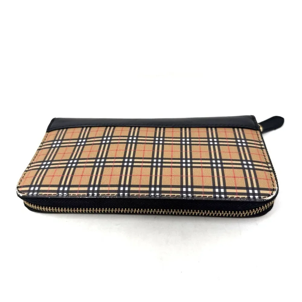 VTG Burberry Zip Around Wallet Clutch Black Leather House Check Canvas Preppy